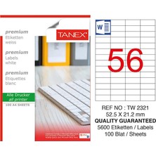 4 Adet Tanex TW-2321 Beyaz Etiket 52.5 mm x 21.2 mm
