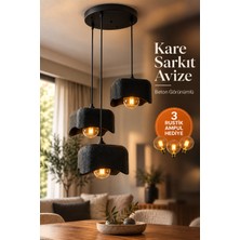 OZNIVA Beton Görünümlü Siyah 3'lü Kare Sarkıt Avize Modern Bohem Salon Yemek Masası G95 Rustik LED Ampul Hediyeli