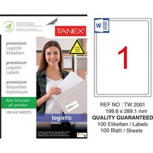 3 Adet Tanex TW-2001 Yüksek Yapışkanlı Beyaz Sevkiyat ve Lojistik Etiketi 199,6 mm x 289,1 mm