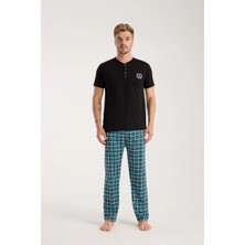Çamaşır Kenti Moda Erkek Düğmeli Yaka Siyah Kısa Kol Pijama Takımı Beruflic