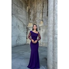 Lior Design Kadın Zarif Asimetrik Yaka Taş Detaylı Maxi Abiye Elbise