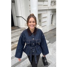 Kadın Yeni Sezon, Lacivert, Süet Yakalı, Seyyar Kuşaklı Kot Denim Ceket