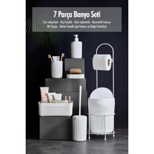 7 Parça Beyaz Banyo Seti Metal Stantlı Kovalı Wc Kağıtlık Kozmetik Kutusu Diş Fırçalık ve Sabunlukla