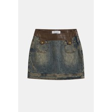 It's Basic Kadın Koyu Kot 2W6-8 Straight Deri Detaylı Esnek Kumaş Tasarım Mini Denim Etek