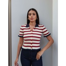 Esra Helvacı Fırfır Detay Çizgili Triko Hırka
