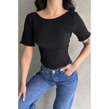 Nido Moda Sırt Dekolteli Basic Gofre Bluz