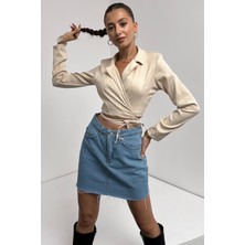 Nido Moda Gömlek Yaka Beli Bağlamalı Crop Bluz