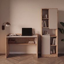Bimossa T2120 Daffy Çalışma Masası ve Kitaplık Takımı Sepet-Kumtaşı Raflı Masa 2 Kapaklı 9 Bölmeli Kitaplık