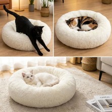 Eco Lounge Yuvarlak Ultra Yumuşak Welsoft Peluş Kedi ve Köpek Yatağı – Kaymaz Taban Tüylü Pet Pufu,uyku Minderi (Krem) BX40