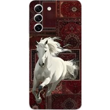 LOTUS GOLD Samsung Galaxy S21 Uyumlu Beyaz At Kilim Desenli Şeffaf Telefon Kılıfı