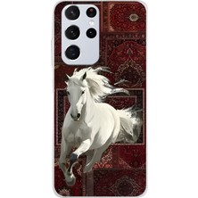 LOTUS GOLD Samsung Galaxy S21 Ultra Uyumlu Beyaz At Kilim Desenli Şeffaf Telefon Kılıfı