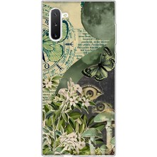 LOTUS GOLD Samsung Galaxy Note 10 Uyumlu Yeşil Kelebek Kolaj Desenli Şeffaf Telefon Kılıfı