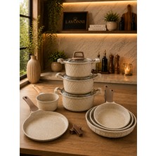 Lavonni Obsidyen Supreme Set 12 Parça Döküm Granit Tencere, Tava, Krep Tava ve Sosluk Seti 16-18-20 cm Derin Tencere 20-24-28 cm Tava 26 cm Krep Tava 14 cm Sosluk Cappuccino