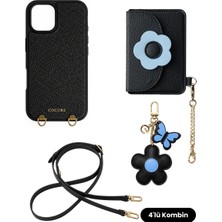COGURE Hera iPhone 16 Pro Max Uyumlu Çiçek Magsafe Cüzdan, Charm, Crossbody Askı, Kılıf 4\'lü Siyah Set