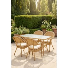 Huteras Savannah Rattan 4 Kişilik Bahçe Masa Takımı 140X80 Cam Tablalı Çelik Iskelet Minderli Naturel Bej