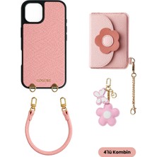 COGURE Hera iPhone 16 Pro Max Uyumlu Çiçek Magsafe Cüzdan, Çiçek Charm, Bileklik Askı, Kılıf 4\'lü Pembe Set