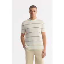 AVVA Erkek Bej Bisiklet Yaka Çizgili Pamuklu Regular Fit T-Shirt A51Y1148