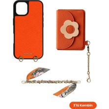 COGURE Hera iPhone 16 Pro Max Uyumlu Çiçekli Magsafe Cüzdan, Fularlı Zincir Askı, Kılıf 3\'lü Turuncu Set