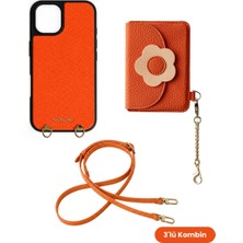 COGURE Hera iPhone 16 Pro Max Uyumlu Çiçekli Magsafe Cüzdan, Crossbody Askı, Kılıf 3\'lü Turuncu Set