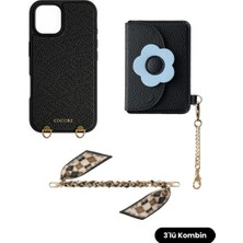 COGURE Hera iPhone 16 Pro Max Uyumlu Çiçek Magsafe Cüzdan, Fularlı Zincir Askı, Kılıf 3\'lü Siyah Set