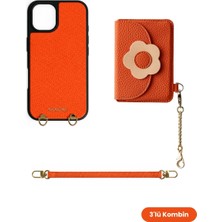 COGURE Hera iPhone 16 Pro Max Uyumlu Çiçekli Magsafe Cüzdan, Bileklik Askı, Kılıf 3\'lü Turuncu Set