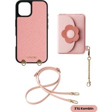 COGURE Hera iPhone 16 Pro Max Uyumlu Çiçek Detaylı Magsafe Cüzdan, Crossbody Askı, Kılıf 3\'lü Pembe Set