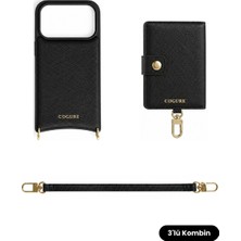 COGURE Hera iPhone 18 Pro Max / 17 Pro Max Uyumlu Magsafe Cüzdan, Bileklik Askı, Oval Kılıf 3\'lü Siyah Set