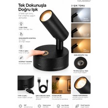Naturel Dekor Siyah Çok Fonksiyonlu Dokunmatik, Şarjlı, 1200MAH 3 Işık Seçenekli Duvar Apliği, Okuma ve Ambiyans Aydınlatması