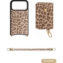 COGURE Hera iPhone 18 Pro Max / 17 Pro Max Uyumlu Leopar Magsafe Cüzdan, Bileklik Askı, Kılıf 3\'lü Krem Set
