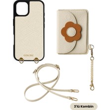 COGURE Hera iPhone 16 Pro Max Uyumlu Çiçek Figürlü Magsafe Cüzdan, Crossbody Askı, Kılıf 3\'lü Bej Set