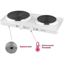Simfer HP2500W Beyaz Hot Plate İki Gözlü Elektrikli Ocak (Çift Emniyetli Termostat , 2500W Krom Çember)