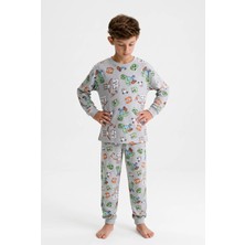Minipomes Cartoon Print Pamuklu Çocuk Pijama Takım Yeşil