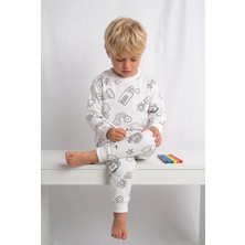 Minipomes Yıkanabilir Boya Hediyeli Colorbook Uzun Kol Çocuk Pijama Takım Beyaz