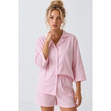 Siyah İnci Pembe Çizgi Desenli Düğmeli Ince Soft Örme Şortlu Pijama Takımı 8054