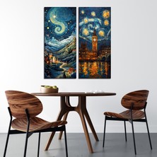 Tilki Dünyası 2'li Van Gogh Yıldızlı Gece Sanat Temalı Kanvas Tablo - Şehir ve Gece Duvar Dekoru - 30X70 cm