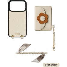 COGURE Hera iPhone 18 Pro / 17 Pro Uyumlu Çiçek Detaylı Magsafe Cüzdan, Fularlı Askı, Kılıf 3\'lü Bej Set