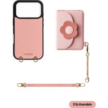 COGURE Hera iPhone 18 Pro / 17 Pro Uyumlu Çiçekli Magsafe Cüzdan, Bileklik, Kılıf 3\'lü Pembe Set