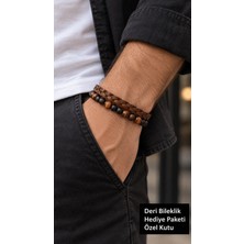 Herşey Nota Hervano Earthline Beads Kahverengi Deri Erkek Bileklik - Toprak Tonlu Boncuk ve Örgü