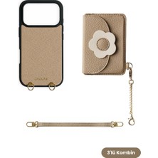 COGURE Hera iPhone 18 Pro / 17 Pro Uyumlu Çiçekli Magsafe Cüzdan, Bileklik, Kılıf 3\'lü Kahverengi Set