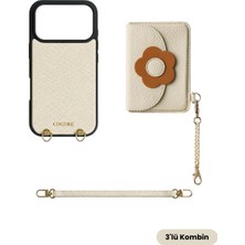 COGURE Hera iPhone 18 Pro / 17 Pro Uyumlu Çiçek Magsafe Cüzdan, Bileklik, Kılıf 3\'lü Bej Set