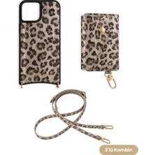 COGURE Hera iPhone 16 Pro Max Uyumlu Leopar Desenli Magsafe Cüzdan, Askı, Oval Kılıf 3\'lü Krem Set