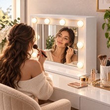 Ratemo Mobilya Hollywood Işıklı Kulis Makyaj Aynası 64X45 cm – Ampullü Masaüstü Makyaj Aynası | Beyaz Dekoratif Vanity Ayna