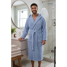 Varol Unisex %100 Pamuk Kapüşonlu Bukle Havlu Bornoz – Diz Altı - Mavi - L/xl