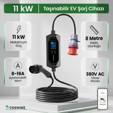 Coswatt Taşınabilir EV Şarj Cihazı CS-P3-16A / 11kW / 8m / Türkçe Menü / 380V AC / 5x16A CEE Fiş / Ev Tipi Priz Adaptörü / Taşıma Çantası