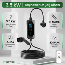 Coswatt Taşınabilir EV Şarj Cihazı CS-P1-16A / 3.5kW / 10m / Türkçe Menü / 220V AC / 2x16A Ev Tipi Fiş / Taşıma Çantası