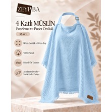 Zeypba 4 Katlı Müslin Bebe Mavi Emzirme Örtüsü ve Puset Örtüsü 110x80 cm, %100 Pamuk Püsküllü (BALENLİ)