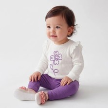 Nikuby Baby Kız Bebek Mevsimlik 2’li Takım Tek Çiçek Nakışlı Uzun Kolu Pamuklu Rahat Günlük Takım-Lila