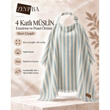 Zeypba 4 Katlı Müslin Mavi Çizgili Emzirme Örtüsü ve Puset Örtüsü 110x80 cm, %100 Pamuk Püsküllü (BALENLİ)