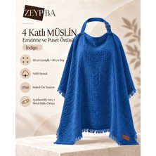 Zeypba 4 Katlı Müslin İndigo Emzirme Örtüsü ve Puset Örtüsü 110x80 cm, %100 Pamuk Püsküllü (BALENLİ)