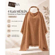 Zeypba 4 Katlı Müslin Sütlü Kahve Emzirme Örtüsü ve Puset Örtüsü 110x80 cm, %100 Pamuk Püsküllü (BALENLİ)